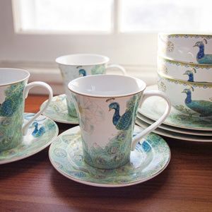 222 Fifth Peacock Garden Holiday Dinnerware Set-Plates, Bowls, Cups 12 pc
